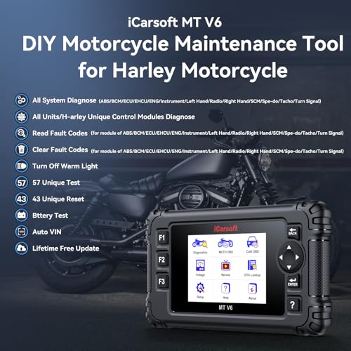 iCarsoft MT V6 Motorcycle Diagnostic Scan Tool for Harley, 57 Reset Services, 43 Actuation Test, Battery Test, All Motorbike System Diagnose, Read/Clear Codes, Live Data,Also Car OBD2 Diagnose