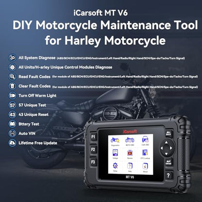 iCarsoft MT V6 Motorcycle Diagnostic Scan Tool for Harley, 57 Reset Services, 43 Actuation Test, Battery Test, All Motorbike System Diagnose, Read/Clear Codes, Live Data,Also Car OBD2 Diagnose