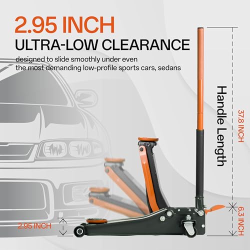 Maxority 3-Ton (6600lbs) Low-Profile Dual Pistons Heavy-Duty Steel Racing Floor Jack with Quick Lift Hydraulic Pump, Foot Pedal and Magentic Pad for Car Maintenance (Orange, 3 Ton Low Profile)