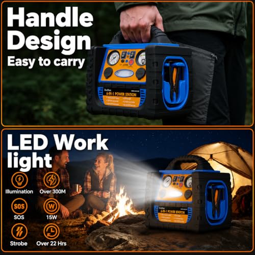 Car Jump Starter with Air Compressor, 1800A Battery Booster Pack for Up to 8.0L Gas & 6.0L Diesel, 150PSI Tire Inflator, 400W Portable Power Station with AC Outlet, 6-in-1 Jump Box for Cars, Trucks - style: 1800AMP