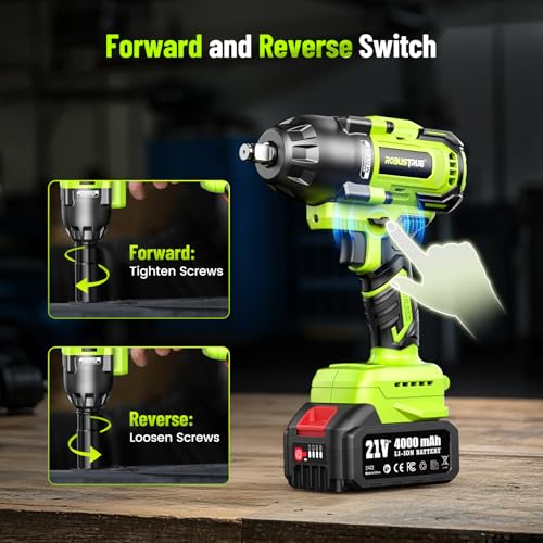Robustrue Cordless Impact Wrench, 885Ft-lbs (1200N.m) 1/2" Brushless Impact Gun, 21V High Torque Power Impact Driver, 2x4.0Ah Batteries Electric Impact Motor Variable Speeds for Car/Truck RV/Mower - size: 1200N.m