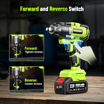 Robustrue Cordless Impact Wrench, 885Ft-lbs (1200N.m) 1/2" Brushless Impact Gun, 21V High Torque Power Impact Driver, 2x4.0Ah Batteries Electric Impact Motor Variable Speeds for Car/Truck RV/Mower - size: 1200N.m