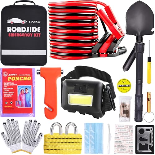 Car Emergency Kit, Roadside Safety Kit with Jumper Cables, Safety Hammer | Gifts for New Drivers Headlamp, folding shovel, tow strap, gloves included, for travel, and roadside emergencies Women, Men - color: Brown