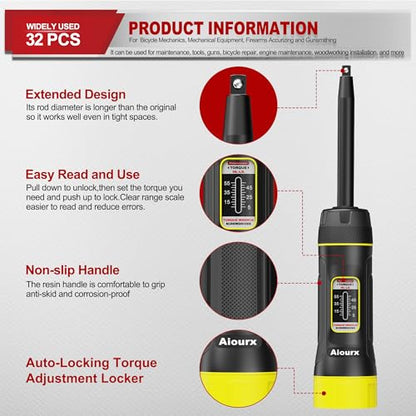 Long Shank Torque Screwdriver Set, 5-55 Inch Pounds lbs, 32 Piece 1/4" Drive Torque Screwdriver Wrench with S2 Steel Bits for Bicycle Mechanics, Mechanical Equipment, and Mounting - size: 5-55inch L