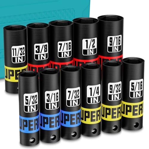 11 Piece 1/4" Drive Impact Socket Set, 5/32" - 9/16" Deep Socket, SAE, 6 Point, CR-V, Auto Repair Bicycle Maintenance and Furniture Assembly - size: 1/4" Deep SAE