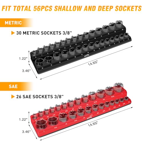 GOOACC 3/8" Magnetic Socket Organizer, 2 Pieces Metric & SAE Socket Drive Holders 3/8 inch Socket Organizer Tray Holds 56 Standard Sockets for Toolboxes - size: 2PCS 3/8" SAE & Metric Red Black