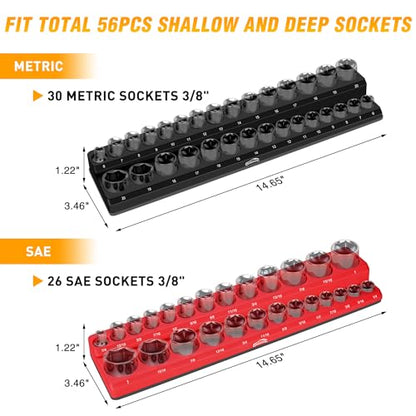 GOOACC 3/8" Magnetic Socket Organizer, 2 Pieces Metric & SAE Socket Drive Holders 3/8 inch Socket Organizer Tray Holds 56 Standard Sockets for Toolboxes - size: 2PCS 3/8" SAE & Metric Red Black