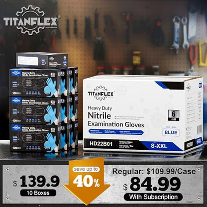 TitanFlex Heavy-Duty Blue Nitrile Gloves, 6-mil, Fully Textured, Mechanic Disposable Gloves, Powder-Free, Latex-Free - color: 06 Blue (S, 1000ct)