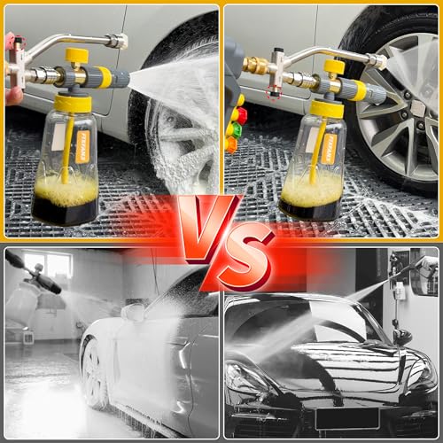 FIXFANS Foam Cannon Gun Dual Connector Accessory for Pressure Washer, Double Tip Attachment Soap Cannon with Power Washer Short Gun, Car Wash Foam Gun Kit, 1/4" Quick Connect, 5 Nozzle Tips - size: 1000ML