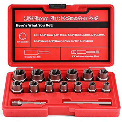 15-Pcs Bolt Extractor Set 3/8'' Drive Easy Out Bolt Extractor Set | Stripped Bolt Remover Nut Extractor Set for Damaged, Frozen, Rusted Sockets, Rounded-Off Bolts, Nuts & Screws - size: 15Pcs