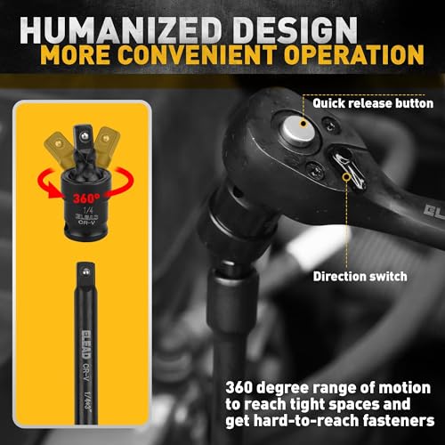 ELEAD 1/4" Drive Impact Socket Set, 56-Piece Standard SAE (5/32 to 9/16 inch) and Metric (4-15mm) Size, Deep & Shallow, 6 Point, Cr-V, 72-Tooth Ratchet Handle, Extension Bar, Universal Joint - style: 1/4'' Drive Impact Socket Set