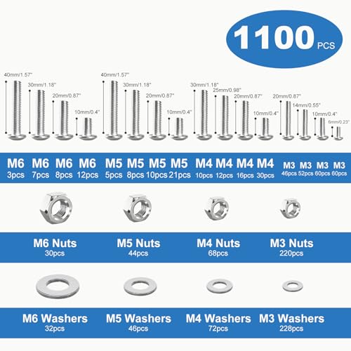 1100PCS Nuts and Bolts Assortment Kit, M3 M4 M5 M6 Phillips Head Machine Screws Assorted Set with Storage Case, Metric Bolts Nuts and Flat Washers Kit - size: 1100PCS-M3 M4 M5 M6