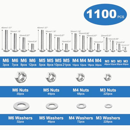 1100PCS Nuts and Bolts Assortment Kit, M3 M4 M5 M6 Phillips Head Machine Screws Assorted Set with Storage Case, Metric Bolts Nuts and Flat Washers Kit - size: 1100PCS-M3 M4 M5 M6