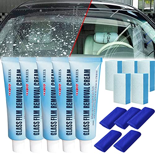 Car Glass Oil Film Cleaner, Glass Oil Film Remover for Car, Glass Film Removal Cream, Car Windshield Oil Film Cleaner, Glass Stripper Water Spot Remover with Sponge and Towel (5 Set) - color: 5 Set