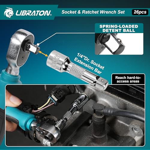 LIBRATON 26PCS 1/4" Drive Mini Socket & Ratchet Wrench Set with Bits, 4-14mm Metric Shallow Sockets, Mini Ratchet Set, Screwdriver Bit Set, Extension Bar, with Storage Case for DIY, Auto Repair