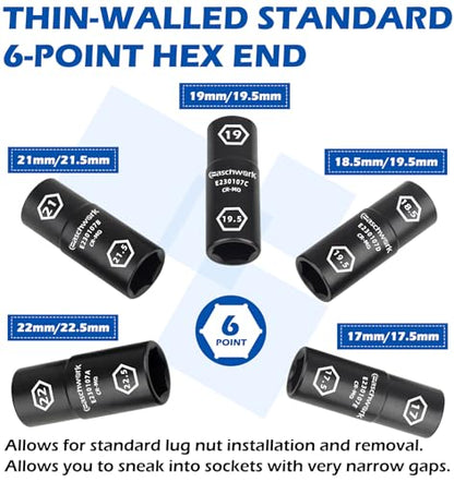 7Pc Half Size Lug Nut Socket Set 1/2” Drive Thin Wall Impact Flip Socket Set With Knockout Bar For Removal of Inflated, Damaged, Warped and Mangled Lug Nuts