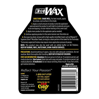 Meguiar's 3-in-1 Wax, Advanced Cleaner Wax that Blends Defect and Scratch Removal with Car Polishing, Keep Your Car Care Simple With an All in One Product, 16 Oz