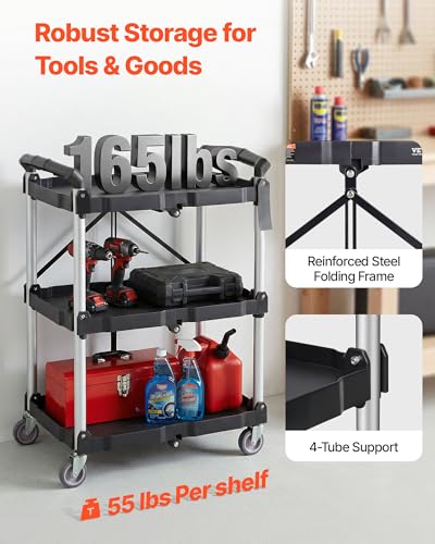 VEVOR Foldable Utility Service Cart, 165LBS 3 Shelf Heavy Duty Plastic Rolling Cart with 360° Swivel Wheels (2 with Brakes), Ergonomic Handle, Portable Garage Tool Cart for Warehouse Office Home - size: 25.62 x15.43 x32.76 inch