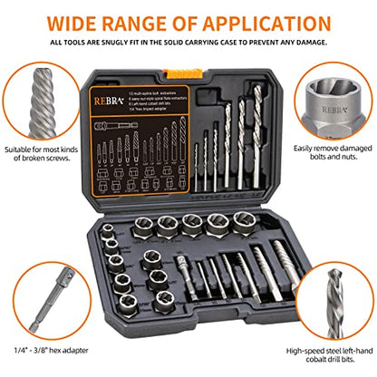 REBRA Screw Extractor and Left-Hand Drill Bit Set, Easy Out Broken Bolt Remover Reverse Cobalt HSS Steel Drill Kit, Ez Out Stripped, Rounded-Off, Damaged Bolts, Screws&Studs Removal Tool (26-Pieces) - style: 26-Pieces