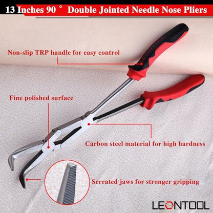 Long Reach 90 Degree Bent Nose Pliers 13-Inch Dual Pivot Double Joint Serrated Jaw Angled Needle Nose Extra Extended for Narrow Spaces and Limited Areas - style: 90 Degree Bent Nose