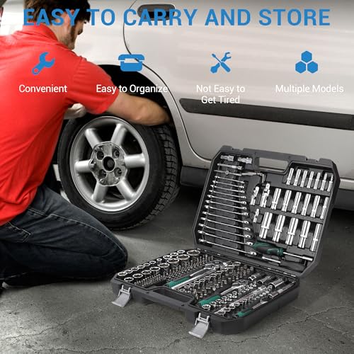 216 Piece Mechanics Tool Socket Set, Comprehensive Auto Repair Tool Kit with Ratchet Wrenches, Combination Wrenches, Screwdriver Bits, Storage Blow Mold Case for Car Motorcycle Household Maintenance