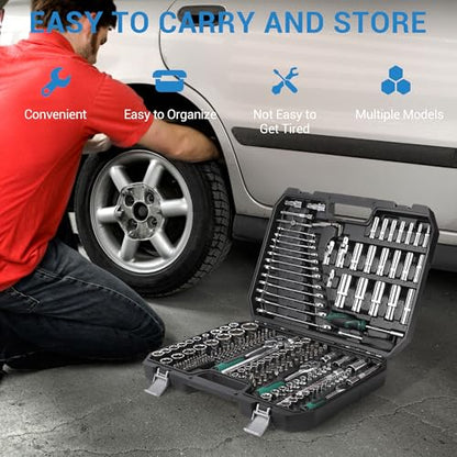 216 Piece Mechanics Tool Socket Set, Comprehensive Auto Repair Tool Kit with Ratchet Wrenches, Combination Wrenches, Screwdriver Bits, Storage Blow Mold Case for Car Motorcycle Household Maintenance