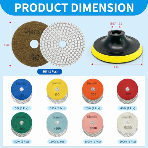 Diamond Polishing Pads Set 4 Inch Tile Wet Dry Polishing Pads Kit | Including 5/8-11 Backer Pad for Drill Grinder Polisher,30-6000 Grit Granite Stone Concrete Marble Polish 12 pcs - size: 4-inch