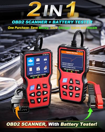 Easy to Use 2-in-1 OBD2 Scanner with Battery Tester: 1S Read & Clear Check Engine Codes + Test Battery in Mins - DIY Car Diagnostic Tool with Cold Cranking Amps for Pre-Trip Safety on 1996+ Vehicles