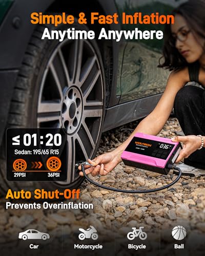 WOLFBOX 2000A Jump Starter with Air Compressor, 37Wh Car Battery Booster Jumper Starter Portable(up to 5L Gas Engine), 12V Jump Box Pack with 150PSI Tire Inflator, Jumper Cables, LED Light — Hot Pink - color: Hot Pink