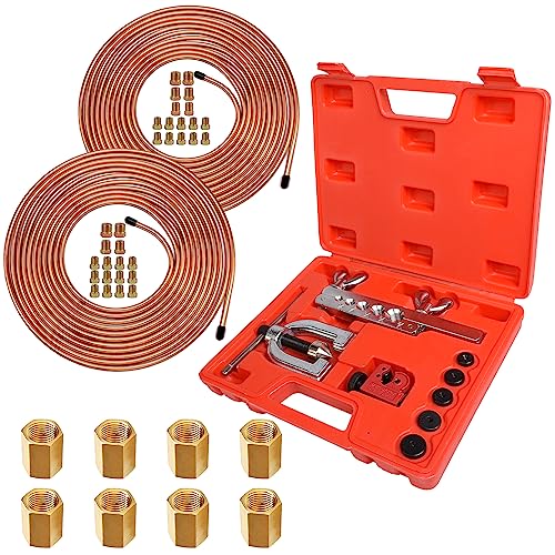 MuHize Dual-Size Brake Line & Flaring Tool Kit (3/16 + 1/4 Inch) - 25 Feet Copper-Coated Brake Tubing Set for Dodge Ram/Ford - Includes 32 Braking Fittings + 8 Unions - color: Gold+Toolbox