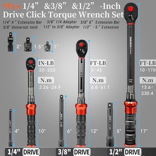 9PCS Torque Wrench Set 1/4", 3/8", 1/2" Drive Click Torque Wrench (20–220 in-lb, 5–45 & 10–170 ft-lb) 72-Tooth Dual-Range, ±3% Precision Adjustable Torque Wrenches for Bike, Moto, Car Repair and Maint - size: 10-170Ft.Lb,5-45Ft.Lb,20-220In.Lb