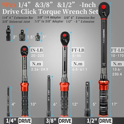 9PCS Torque Wrench Set 1/4" 3/8" 1/2" Drive 20–220 in.lb 5–45&10–170 ft.lb | Click Torque Wrench 72-Tooth Dual-Range ±3% Precision Adjustable Torque Wrenches for Bike, Moto, Car Repair and Maint - size: 10-170Ft.Lb,5-45Ft.Lb,20-220In.Lb