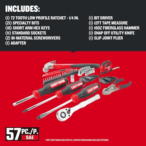 CRAFTSMAN 57 Piece Mechanics Tool Set Home Tool Set, Sockets, Ratchet, Screwdrivers, Hammer, Pliers, Hex Keys, Specialty Bits Hand Tools (CMMT99447)