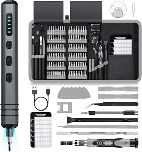 Mini Electric Screwdriver Set 140-IN-1: Small Electric Screwdriver Cordless | 120 Precision Bits, 5 Torque Settings, 4 LED Light, Magnetic Power Screwdriver Repair Tool Kit for PC RC Electronics - color: Grey