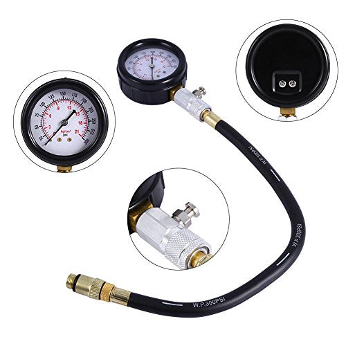 Cylinder Pressure Gauge, Multi-Functional Petrol Gas Engine Cylinder Compression Tester Test Gauge Kit 0-21BAR or 0-300PSI Car Motorcycle Garage Tools with Molded Case