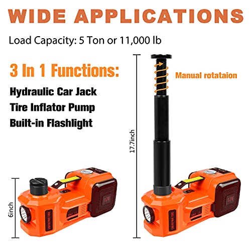 Electric Hydraulic Car Floor Jack Kit 12V DC 5 Ton with Electric Impact Wrench & Tire Inflator Pump Light, 4 in 1 Car Jack Lift Kit for SUV RV Truck Car Emergency Tire Change