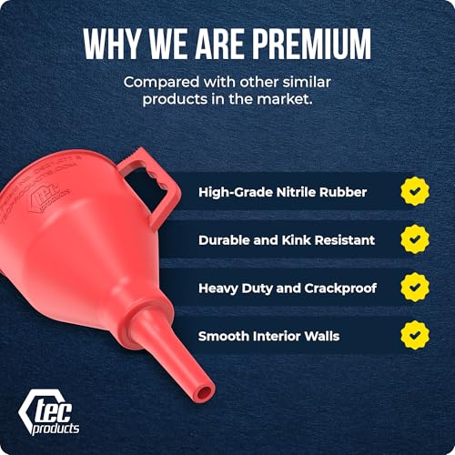 TEC Products FlexAll Short Neck Funnel - Flexible Funnel w/Hose, Durable Nitrile Rubber Automotive Funnels - Oil Change Tool for Transmission Fluid, Diesel, Gas - USA Made - Small (8.3 x 4.3 Inches) - size: Small