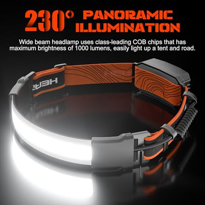 Hopedone 1000LM 230° Wide-Beam Headlamp, Rear Red Light, Black, 2 Pack | Independent controls, 6 modes, dog walking and work, 1200mAh battery, 4-10 hour runtime, lightweight band, 8 helmet clips - color: Black(2-Pack)