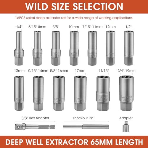 16PCS 3/8" Drive Deep Impact Bolt Extractor Set, Wheel Lock Removal Kit | Easy-out tool for removing damaged, frozen, rusted & rounded-off bolts, nuts, studs & screws, Cr-Mo steel - size: 16-pieces
