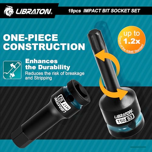 LIBRATON Impact HEX & TORX Bit Socket Set, 1/2" Dr, S2 Steel, 19PCS High Torque Sockets (H5-H19 + T30-T80) for Professional Mechanics & Automotive Repair (XPE Storage Cases) - style: 19PCS Torx+Hex