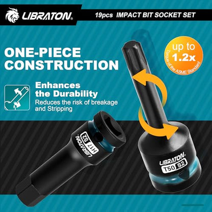 LIBRATON Impact HEX & TORX Bit Socket Set, 1/2" Dr, S2 Steel, 19PCS High Torque Sockets (H5-H19 + T30-T80) for Professional Mechanics & Automotive Repair (XPE Storage Cases) - style: 19PCS Torx+Hex