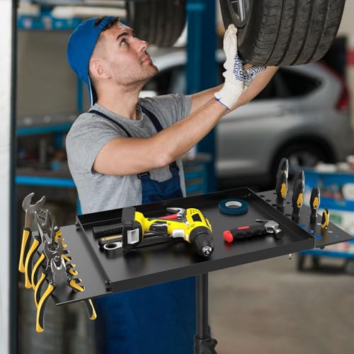 Rolling Tool Tray Cart, Mobile Work Table Tool Tray with 2 Tool Holder Metal Tattoo Tray Height Adjustable, Tool Table Rolling Utility Cart, Tray Cart Tool Storage for Salon Garage Bike Work Shop