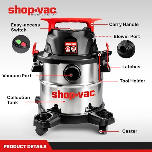 Shop-Vac 5430162 Wet/Dry Vacuum, 5 Gallon | 4 Peak HP, 1-1/4 Inch Diameter x 7 Foot Hose, 6 Foot Cord, Ideal for Jobsite, Garage, Workshop & Home