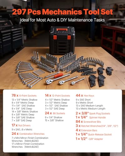 VEVOR 297 PCS Mechanic Tool Set with 4-Drawer Tool Box 1/4" 3/8" 1/2" Drive | SAE & Metric Socket Set, Car and Motorcycle Tool Kit with Combination Wrenches, Bits, Ratchets, Spark Plug Sockets - size: 1/4"&3/8"&1/2", style: 297 PCS