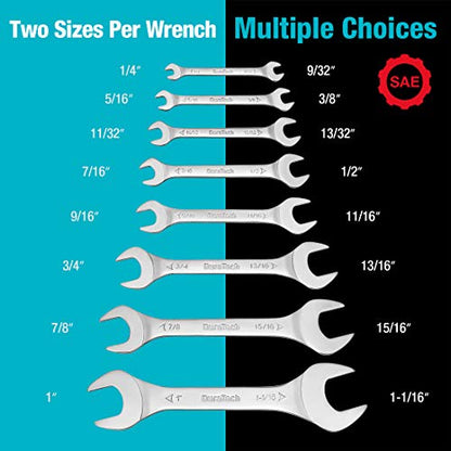 DURATECH Super-Thin Open End Wrench Set, SAE, 8-Piece, Including 1/4", 9/32", 5/16", 3/8", 11/32", 13/32", 7/16", 1/2", 9/16", 11/16", 3/4", 13/16", 7/8", 15/16", 1", 1-1/16", with Rolling Pouch - color: Silver, size: SAE