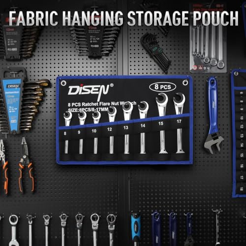 DISEN 8PCS Flare Nut Wrench Set Brake Line Ratcheting Wrench Set | Metric 8-17mm, CR-V Steel with Organizer Pouch, Father's Gift - style: 10PCS Flare Nut Ratcheting Wrench Set