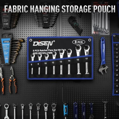 DISEN 8PCS Flare Nut Wrench Set Brake Line Ratcheting Wrench Set | Metric 8-17mm, CR-V Steel with Organizer Pouch, Father's Gift - style: 10PCS Flare Nut Ratcheting Wrench Set