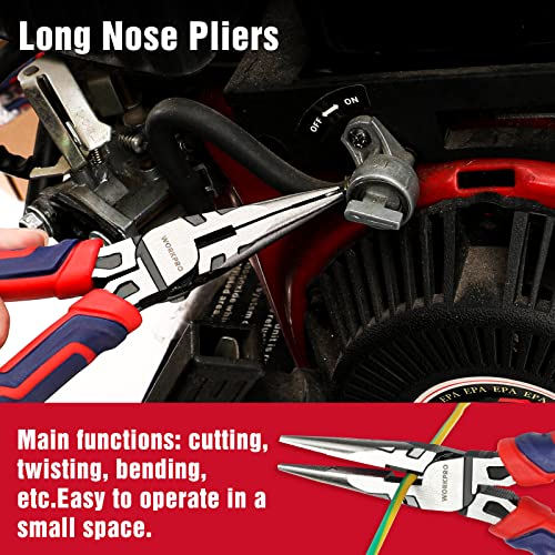 WORKPRO 4-Piece Pliers Set | Premium CR-V Construction Tool Set Including Long Nose, Diagonal Cutting, Groove Joint and Slip Joint Pliers - Red - color: Red