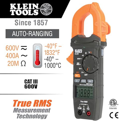 Klein Tools CL220 Digital Clamp Meter, Auto-Ranging 400 Amp AC, AC/DC Voltage, TRMS, Resistance, Continuity, NCVT Detection, and Temp - size: Clamp Meter