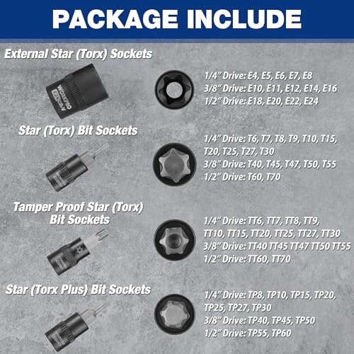 WORKPRO 60-piece Master Torx Bit Socket and External Torx Socket Set, 1/4", 3/8", 1/2" Drive Bits, Female E Sockets E4-E24, Star Socket Bits T6-T70, TT6-TT70, TP8-TP60, CR-V & S2 Alloy Steel - style: 60-piece master torx bit and E - socket set
